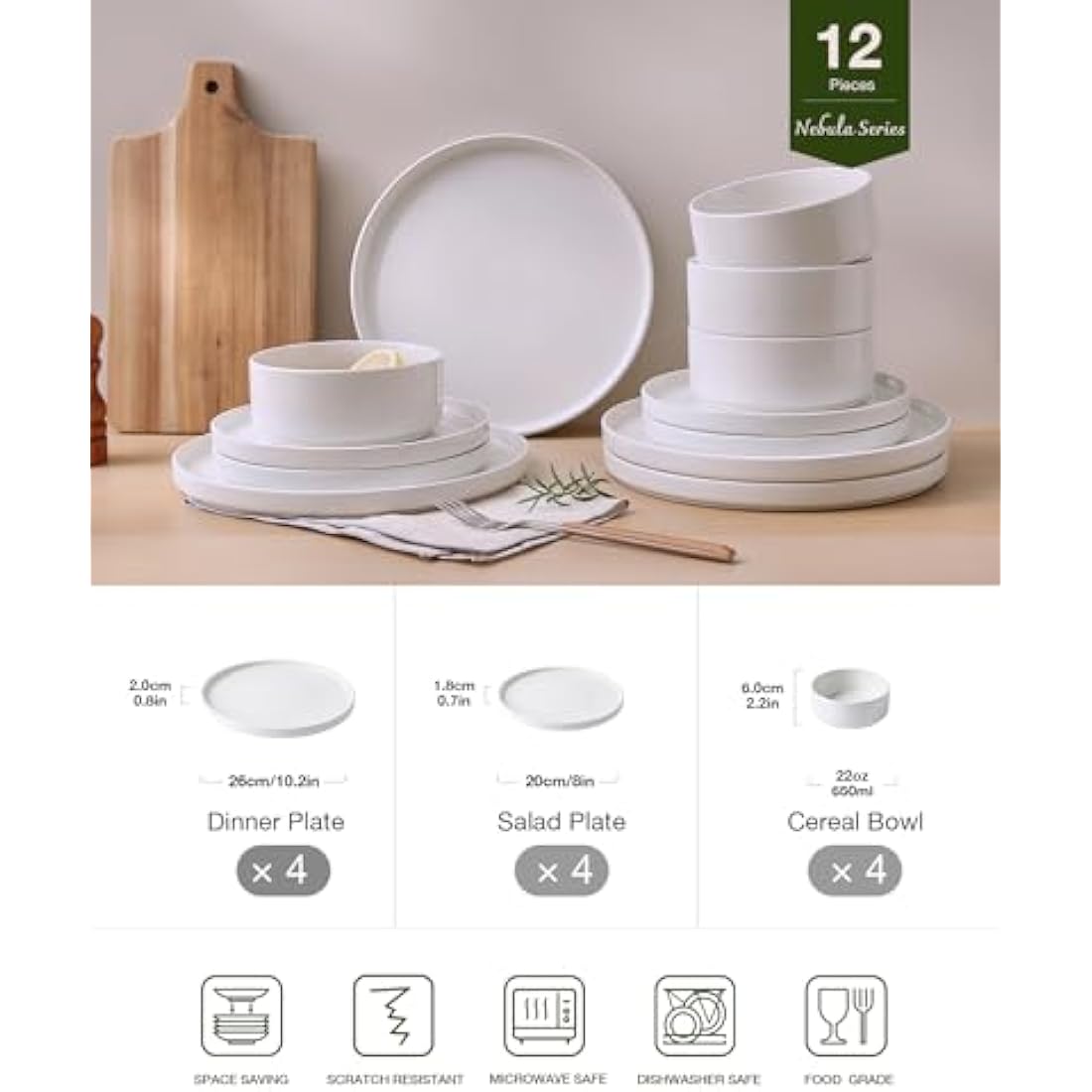 Richmount Nebula Dinner Set for 4, 12-Piece Speckled Dinnerware Stoneware Set, Scratch Resistant, Dishwasher & Microwave Safe, Dining Plates and Bowls Sets, White