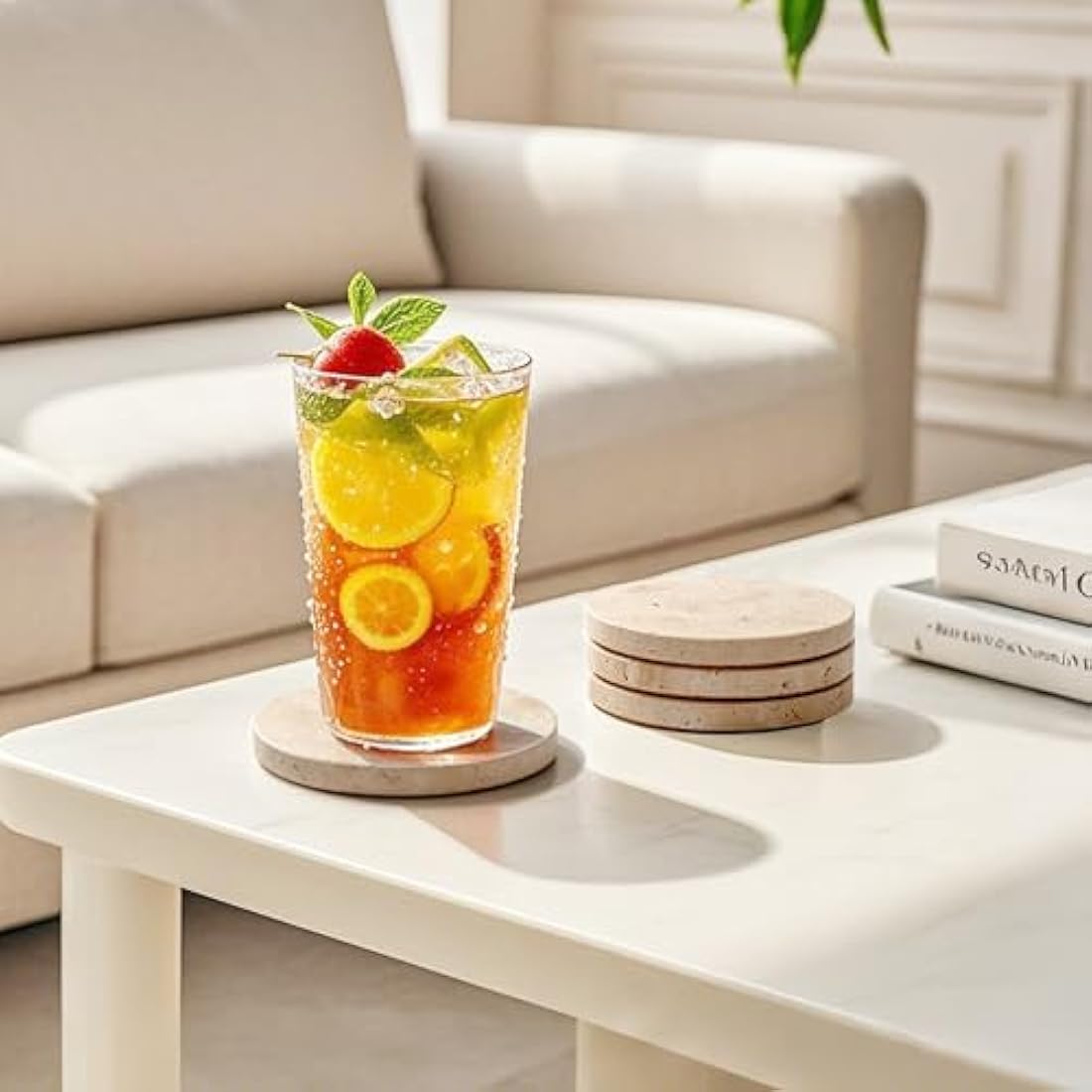 WORHE Marble Coaster for Drinks 4" Diameter Set of 4 Round Travertine Coasters for Home Decor Office Parties Birthday Housewarming Gift, Protect Countertops from Dirty,Sturdy and Tough Beige BD140