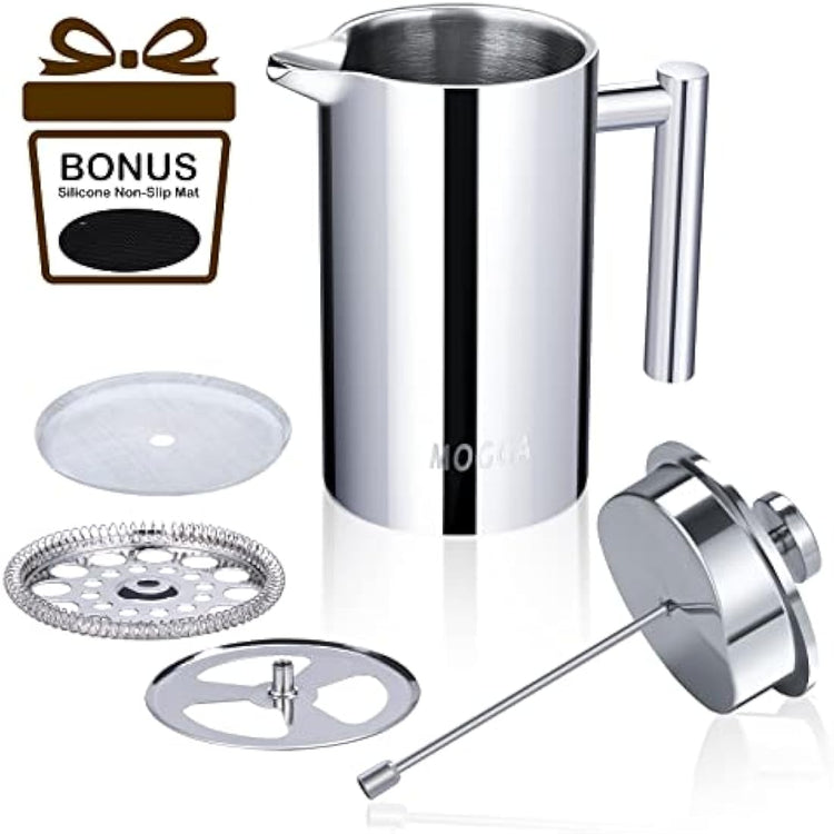 MOGGA Cafetiere 34oz/1000ml Coffee Maker Double Walled Insulated French Press with Silver Color and Large Capacity Stainless Steel Coffee Pot Easy to Use and Clean in Home Office and Camping
