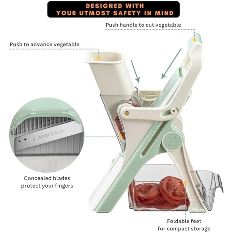 Brieftons Safe Mandoline Vegetable Slicer with 5 Removable Blades to Slice, Julienne, Chip, Chop, Dice Veggies/Fruits, Injury-Free Design, with Catch Container, Cleaning Brush, 5 Recipe Ebooks