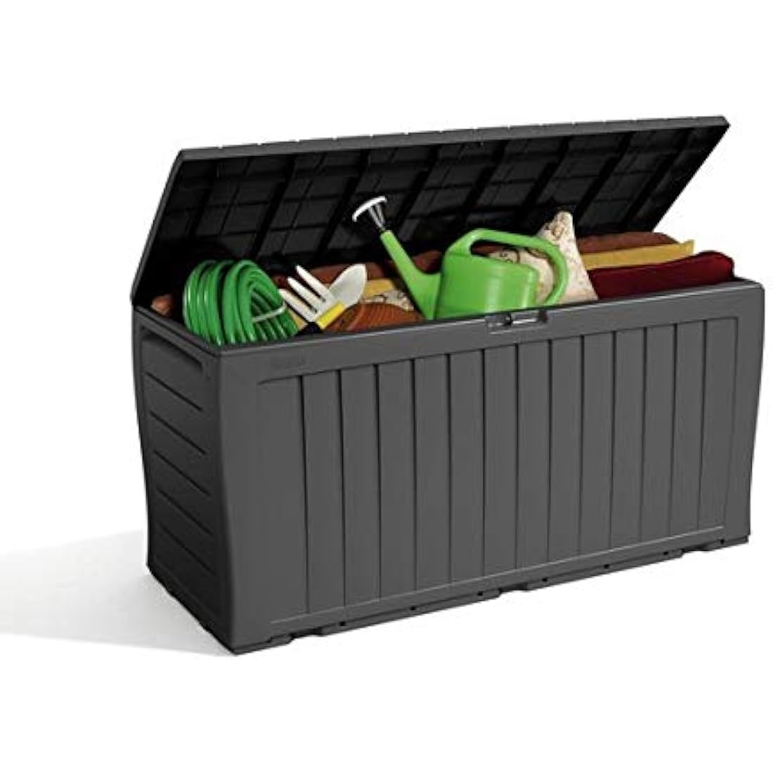 Keter Marvel+ 270L Outdoor 65% recycled Garden Furniture Storage Box Graphite Wood Panel Effect | Fade Free | All Weather Resistant | Safe and Secure | Zero Maintenance | 2 year Warranty