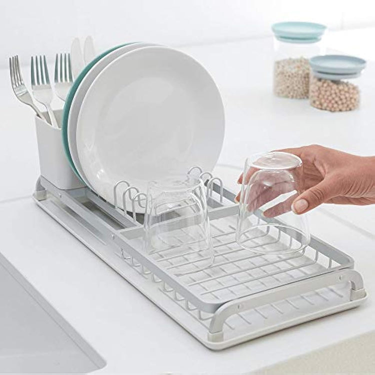 Brabantia Dish Drying Draining Rack (Compact / Light Grey) Easy-Clean Drip Tray and Removable Cutlery Basket, Corrosion-Resistant Aluminium Rack, Compact (20 x 46 cm)