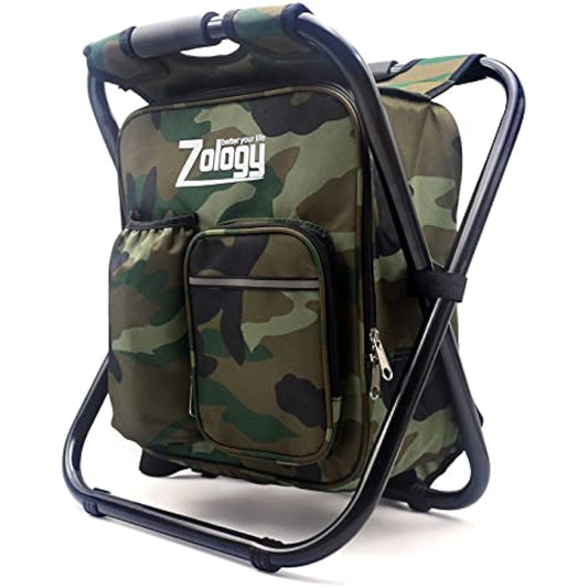 Zology Folding Camping Chair Stool Backpack with Cooler Insulated Picnic Bag, Camouflage Portable Hiking Seat Table Bag for Outdoor Indoor Fishing Travel Beach BBQ