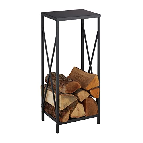 Relaxdays Firewood Storage Stand, Logs Rack for Indoors, Powder-Coated Metal, Wood Shelf, HWD: 80 x 34 x 25 cm, Black, Steel