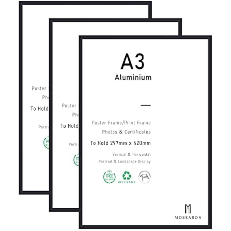A3 Certificate Picture Frame,3 Pack Black Aluminum Photo Frame with plexiglass for Wall Mount Display,29.7x42 cm,Set of 3