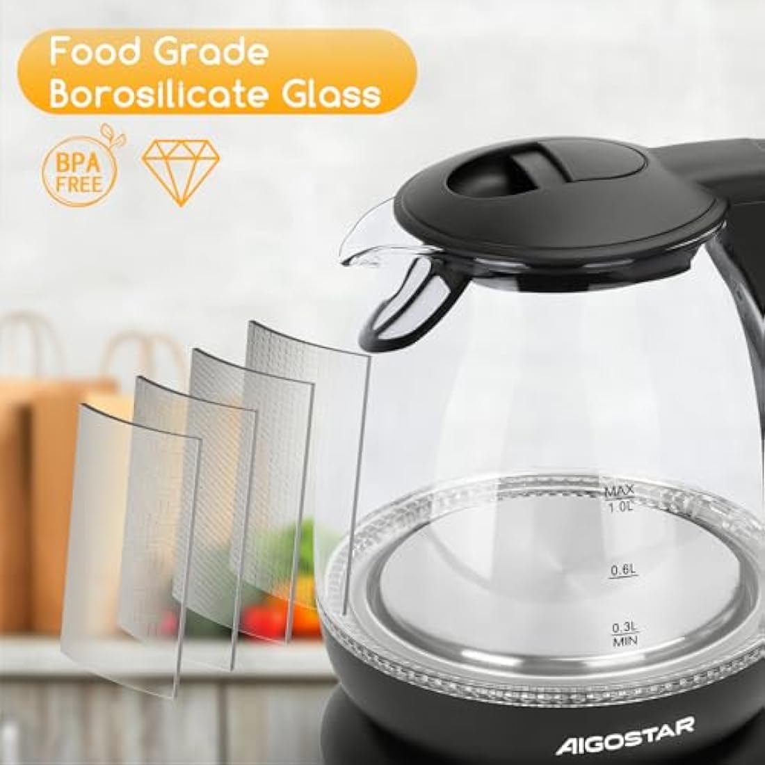 Aigostar Small Electric Kettle, 1.0L Black Glass Kettle Cordless, Compact Mini Clear Water Tea Kettle Fast Quiet Boil for Kitchen Bedroom Office, 2200W - Elfin 30A0Q