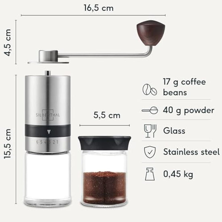 SILBERTHAL Manual Coffee Grinder – Stainless Steel – 6 Adjustable Levels – Portable Coffee Bean Grinder – with Storage Container and Cleaning Brush