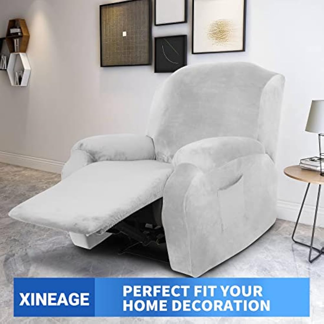 XINEAGE 4 Pieces Velvet Recliner Slipcover Stretch Recliner Chair Cover with Side Pocket Anti-Slip Fitted Recliner Cover Couch Furniture Protector with Elastic Bottom (Recliner, White)