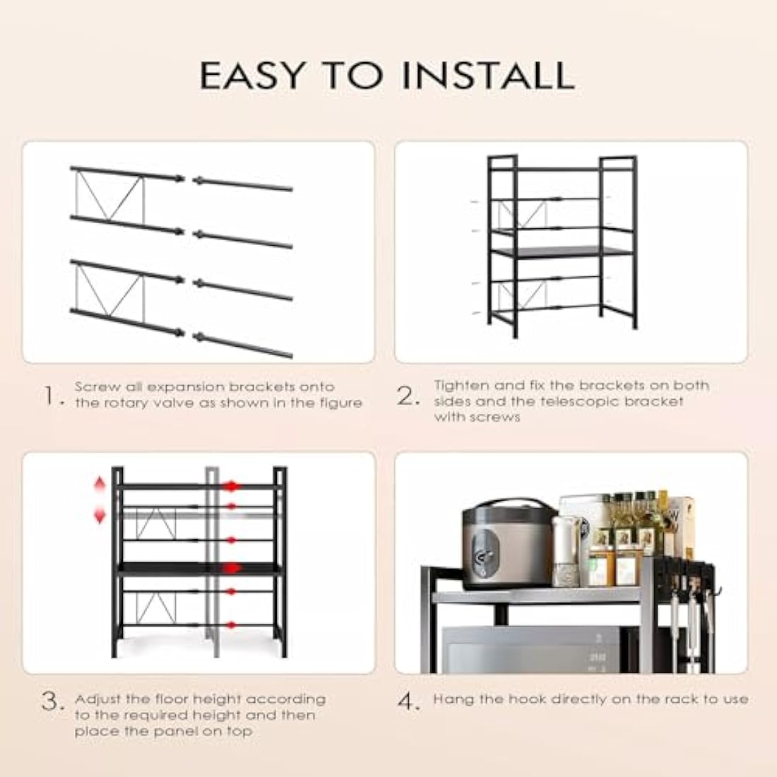 Multibao Expandable Microwave Shelf, 3 Tier Microwave oven Rack Stand Storage Holder Kitchen Corner Shelf Desktop Printer Shelf Rack, Bakers Rack (Black)