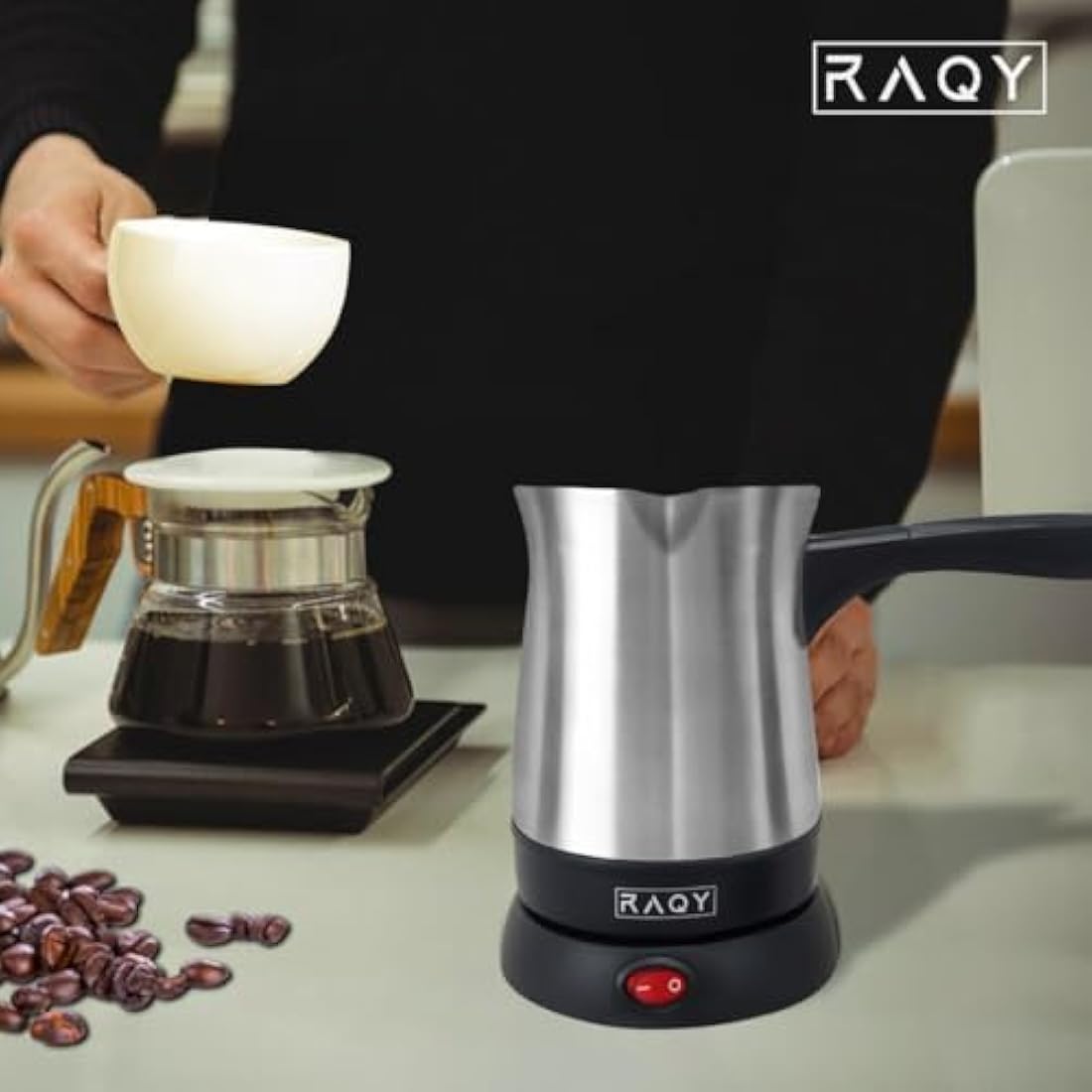 RAQY Electric Coffee Pot, Turkish Greek Coffee Maker, Stainless Steel, Rotational base, Capacity 250ml up to 500 ml, 800 W Power, Coffee, Espresso, Milk, Hot Chocolate, Portable Travel Stainless