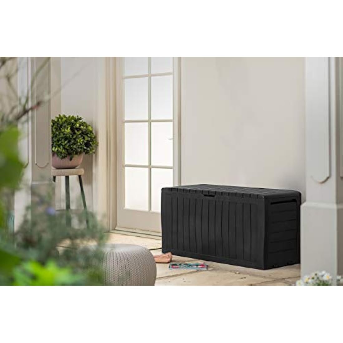 Keter Marvel+ 270L Outdoor 65% recycled Garden Furniture Storage Box Graphite Wood Panel Effect | Fade Free | All Weather Resistant | Safe and Secure | Zero Maintenance | 2 year Warranty