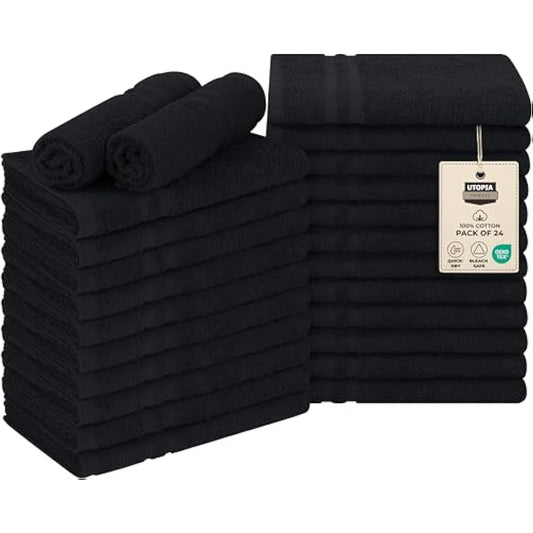 Utopia Towels - Cotton Bleach Proof Salon Towel 16x27 inches - Bleach Safe Gym 100% Cotton Hand Towel 24 Pack, Black