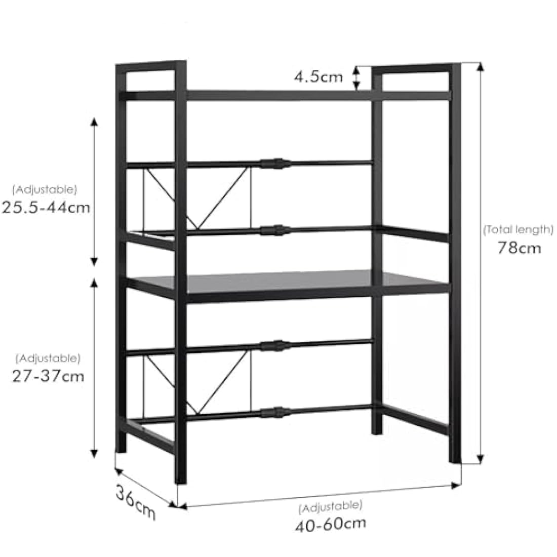 Multibao Expandable Microwave Shelf, 3 Tier Microwave oven Rack Stand Storage Holder Kitchen Corner Shelf Desktop Printer Shelf Rack, Bakers Rack (Black)