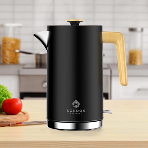 London Boutique Electric Kettle, Black Stainless Steel kettles Electric, Cordless Fast Boil Electric kettle with Wood Effect, Boil Dry Protection, Anti-Scale Filter, UK Strix Controller,3KW