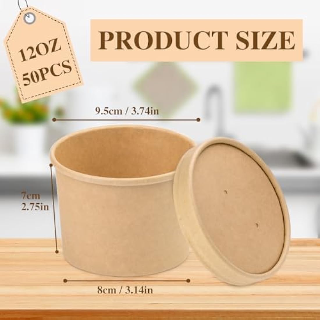 BUOKKON 50 Pack Ice Cream Containers, Soup Containers with Lids, Disposable Cups with Lids, Brown Kraft Soup Cups Paper Bowls Takeaway Tubs for Dessert (12oz / 350ML)
