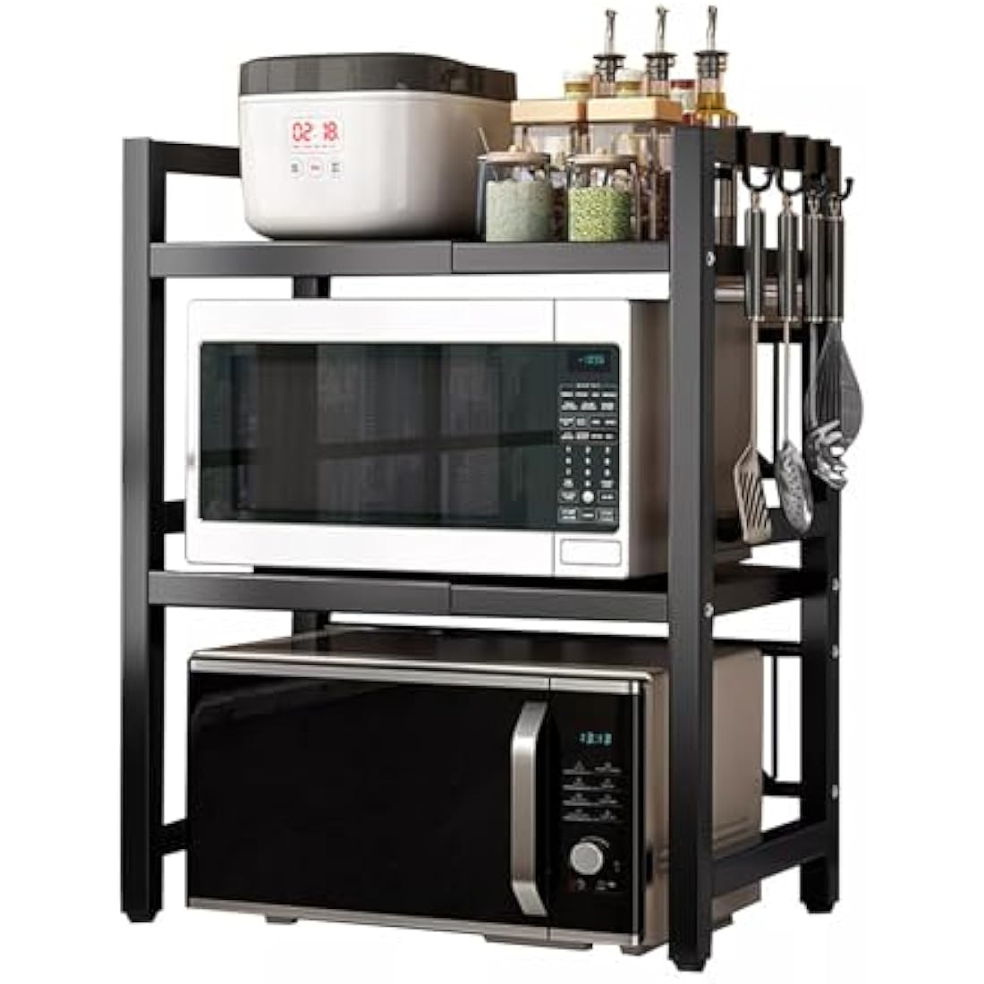 Multibao Expandable Microwave Shelf, 3 Tier Microwave oven Rack Stand Storage Holder Kitchen Corner Shelf Desktop Printer Shelf Rack, Bakers Rack (Black)