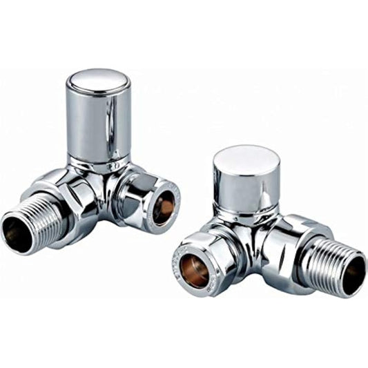 Round Corner Angled Chrome Valve Set - Heated Towel Rail/Radiator Block Valves Twin Pack with Round Metal Handles and Quality Chrome Finish