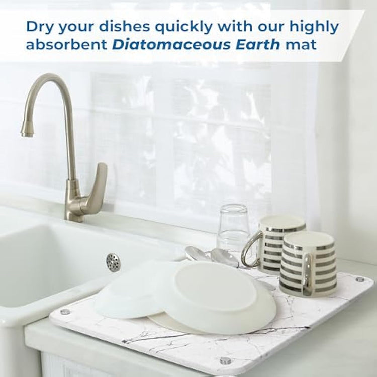 Spaceneat Diatomite Stone Drying Mat for Kitchen Counter - Rapid Moisture Removal - 40 x 30 cm Large Dish Drying Stone for Kitchen Sink - Diatomaceous Earth Quick Dry Dish Mat - White Marble
