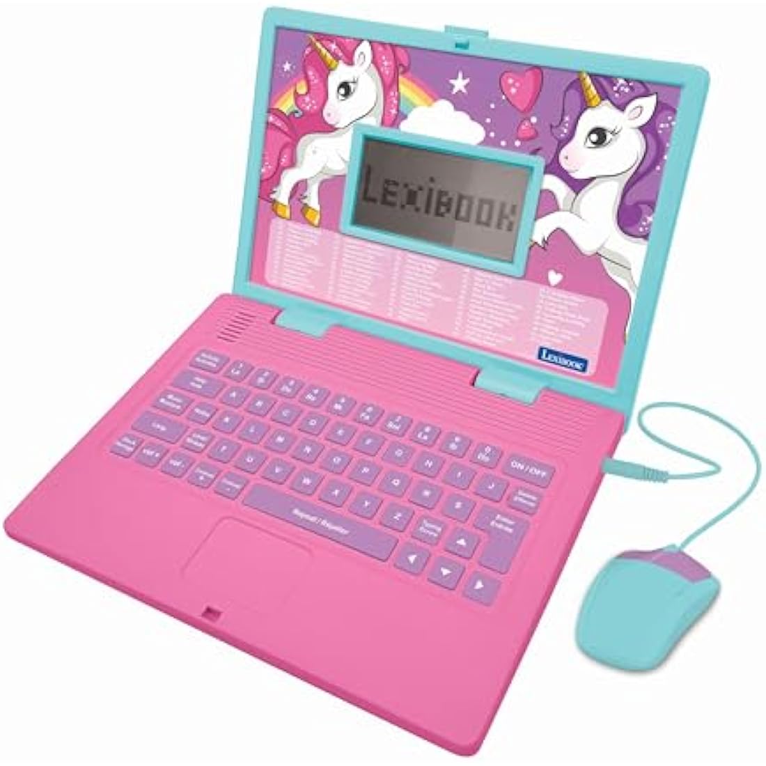 LEXIBOOK, Unicorn, Educational and Bilingual Laptop French/English, Toy for Children with 124 Activities to Learn Mathematics, Dactylography, Logic, Clock Reading, Games and Music, Pink, JC598UNIi1