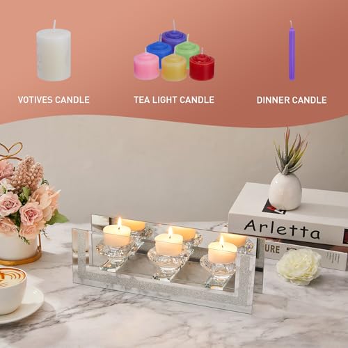 London Boutique Mirrored Candle Holder for 3 Candles – Sparkling Silver Frame with K9 Crystal Holders, Luxury Glass Tea Light & Votive Display Stand, Home Décor & Gift Idea (Round Cups)