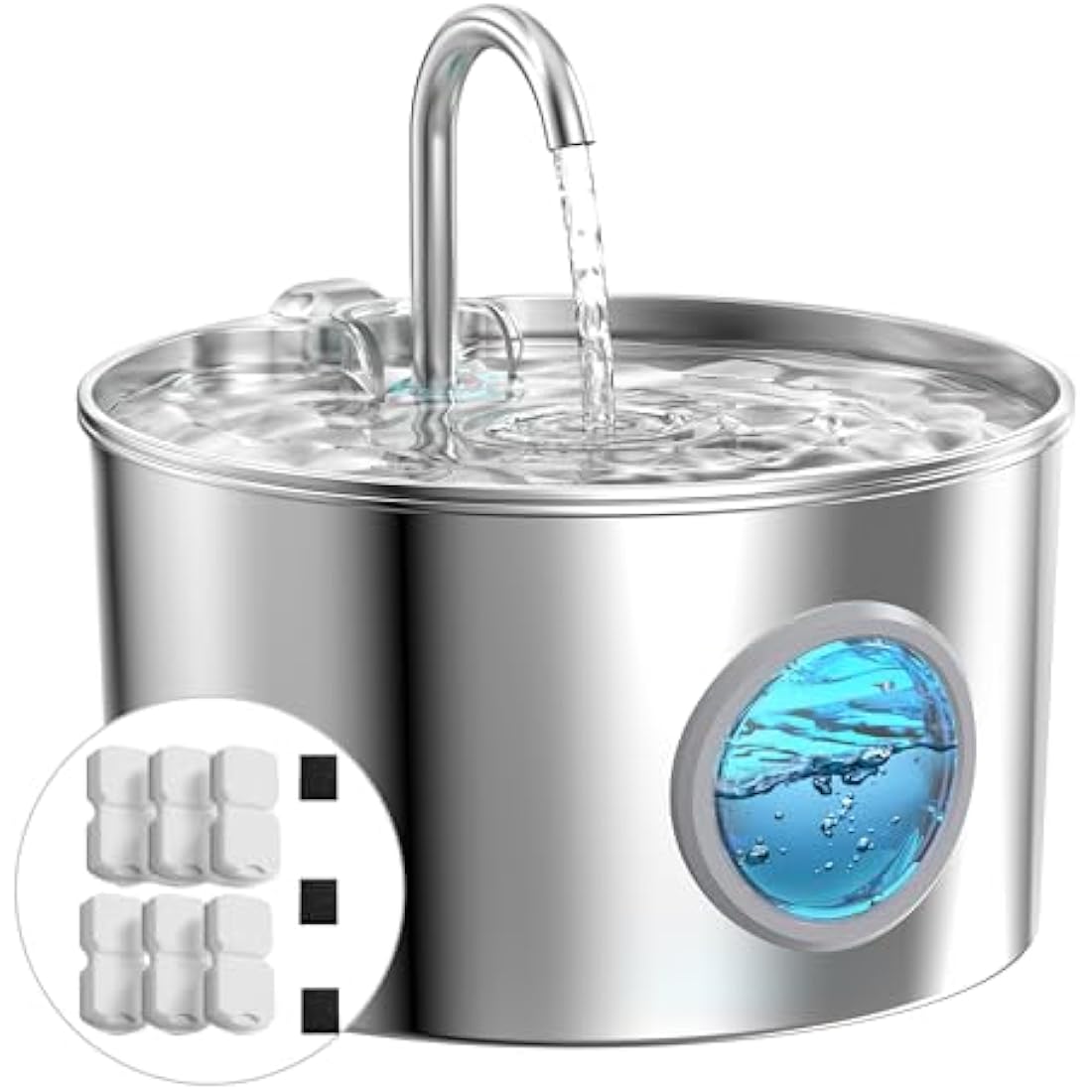 Cat Water Fountain for Drinking: Stainless Steel Cat Fountain - 2.2L Cat Water Bowl - Pet Water Fountain - Pet Water Dispenser - Cat Drinking Fountain UK - with 6 Filters + 3 Foam Filters