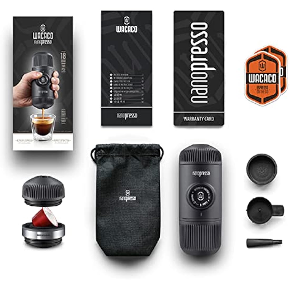 WACACO Nanopresso Portable Espresso Maker Bundled with NS Adapter, Compatible With Ground Coffee &*Nespresso®* Capsule, Travel Coffee Maker, 18 Bar Pressure, Manually Operated, For Camping