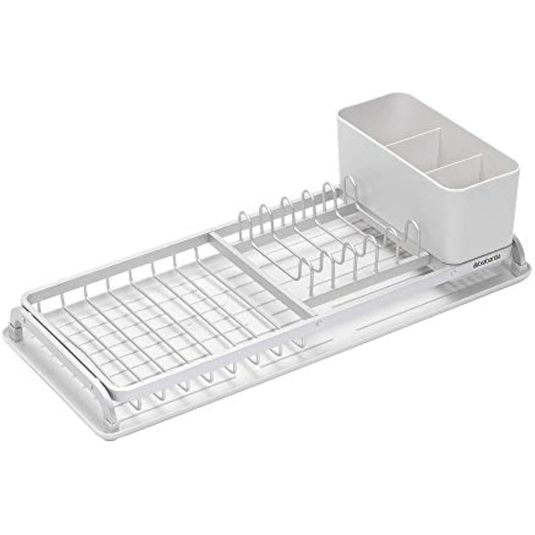 Brabantia Dish Drying Draining Rack (Compact / Light Grey) Easy-Clean Drip Tray and Removable Cutlery Basket, Corrosion-Resistant Aluminium Rack, Compact (20 x 46 cm)