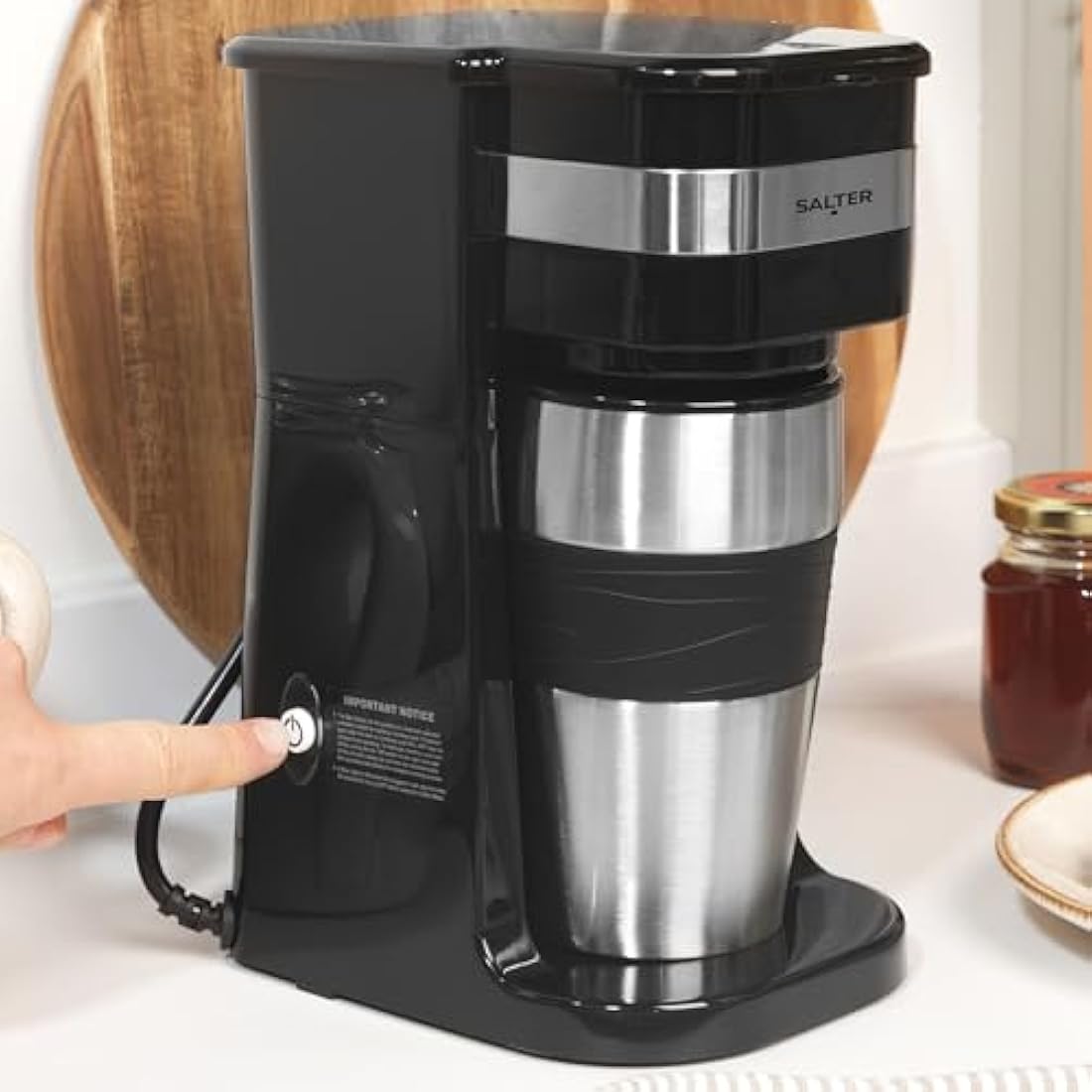 Salter One Cup Coffee Maker – Filter Coffee Machine, Washable & Reusable Filter, Includes 420ml Stainless Steel Travel Mug, Brew Coffee To Go In 3-4 Minutes, Suitable For Ground Coffee/Pads, EK2408