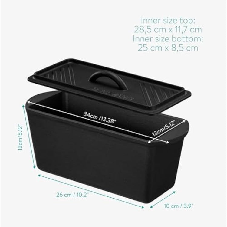 Navaris Bread Loaf Pan with Lid - Cast Iron Bread Baking Pan for Bulge Top or Flat Top Breads Meat Veg Meatloaf - Baking Tin 34 cm x 13 cm x 13 cm - Black