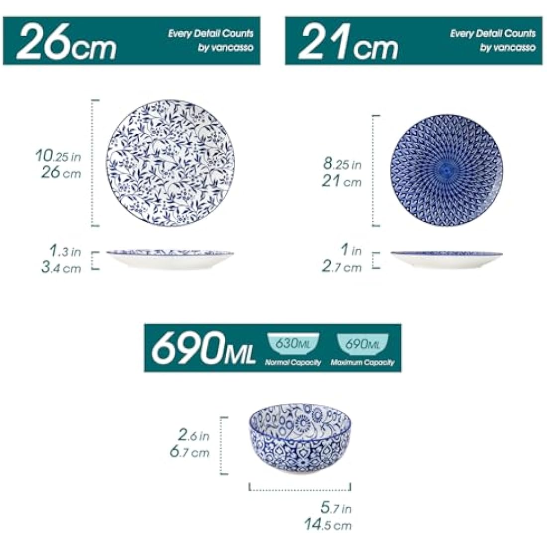 vancasso Selene Dinner Sets for 6 People, 18 Pieces Vintage Blue Porcelain Plates and Bowls Set Kitchen Crockery Set Dinnerware Sets, Mircowave and Dishwasher Safe Dishes Set