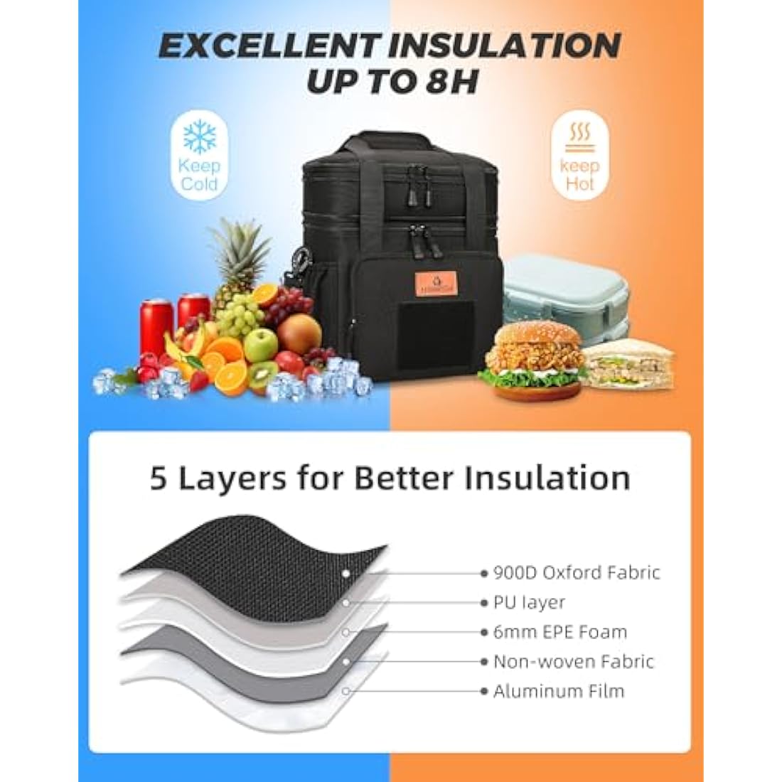 HSHRISH Large Insulated Lunch Bag for Man, Double Layer Insulated Large Cooler Bag for Men Adults Waterproof Leakproof Durable Lunch Bag for Work Outdoor Picnic Camping Day Trips 22L, Black