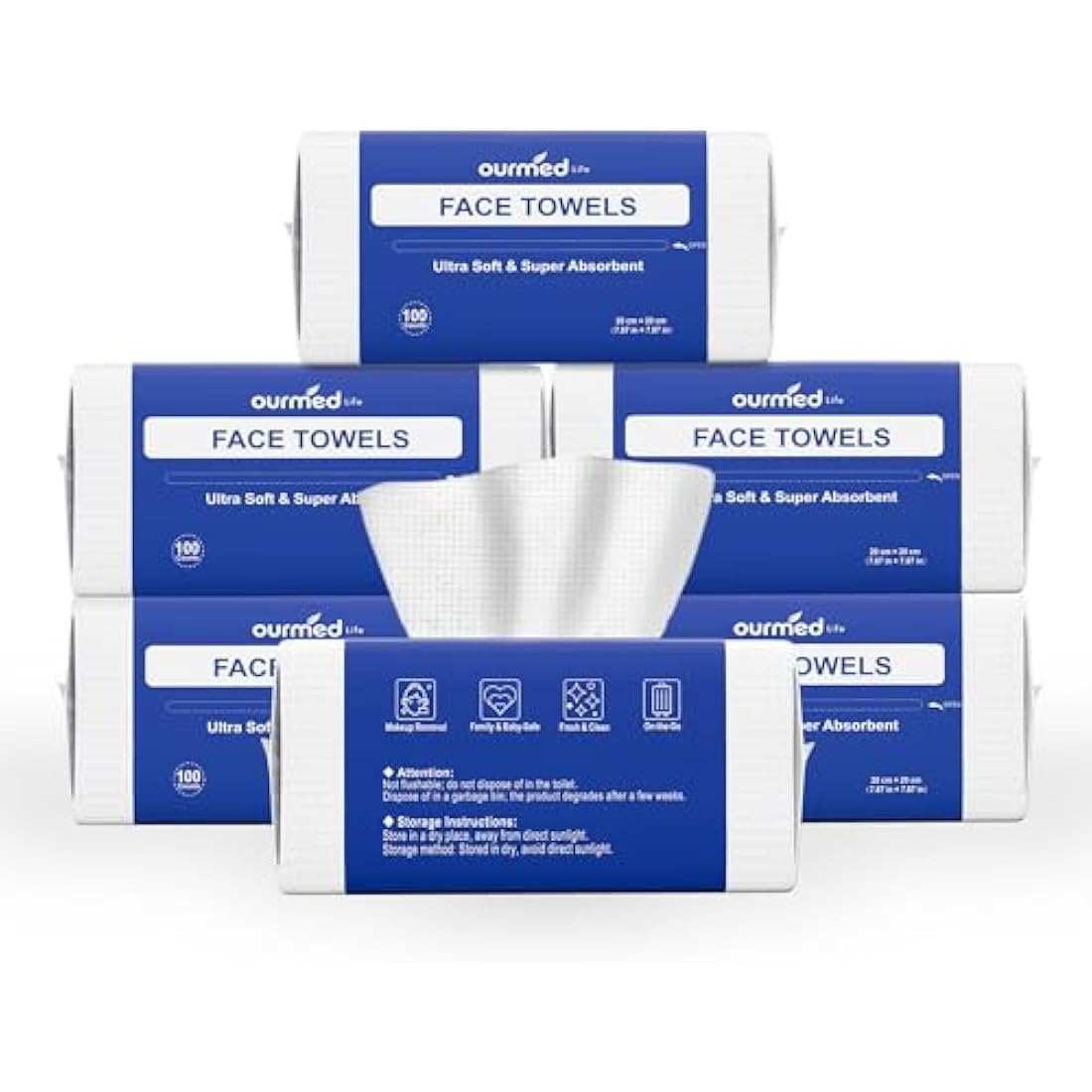 Ourmed Life Face Towels, Disposable Biodegradable Clean Face Wipes for Sensitive Skin, Lint- free Facial Towels for Women Cleansing, Skincare and Makeup Remover, Dry Wipes,600 Count EF Texture