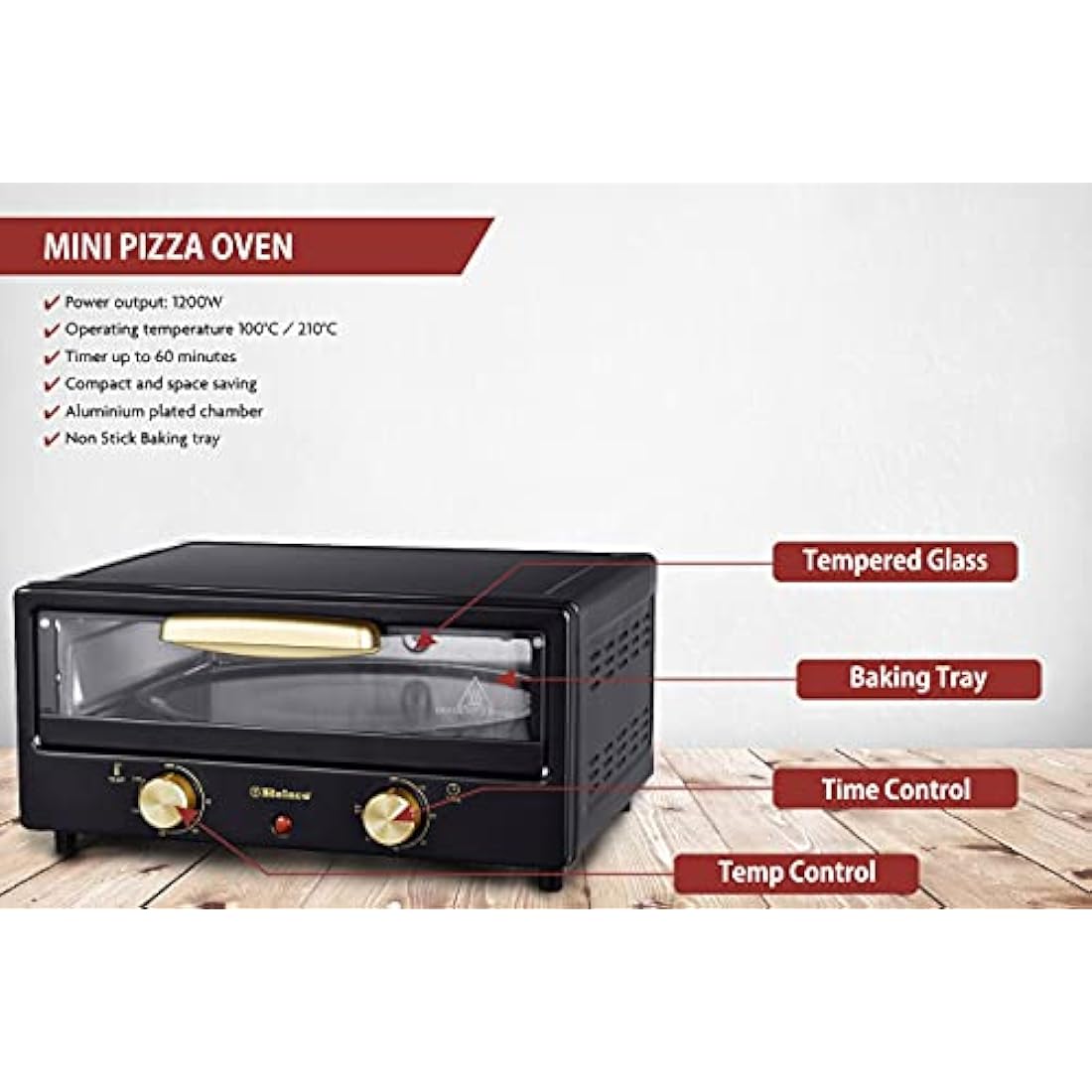 Belaco Multi-Purpose 1200W Mini Oven Pizza Oven All in One 12inch Pizza Maker Toaster Oven Tabletop Cooking Baking Grilling Heating Toasting Portable Oven 1200w incl. Baking Tray, Wire Rack and Handle