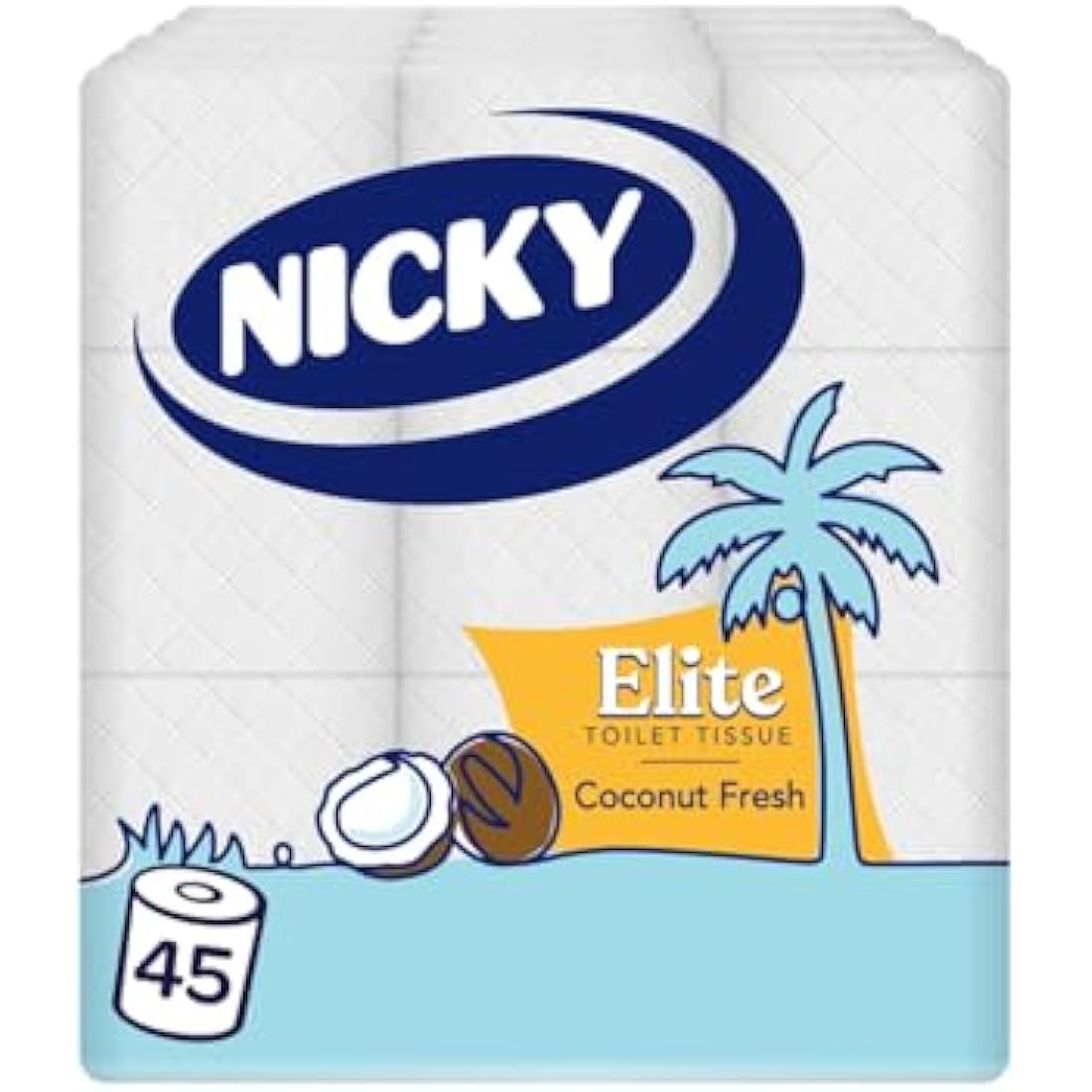 Nicky Elite Coconut Fresh Toilet Tissue - 45 Rolls of White Toilet Paper, 168 Sheets per Roll, 3-Ply, Exotic Coconut Scent, Softeness and Comfort to the Skin, 100% FSC Certified Paper, Easy Open Pack