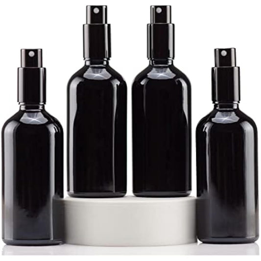 Yizhao 100ml Black Glass Spray Bottle for Essential Oils, Small Empty Fine Mist Spray Bottle, for Cleaning, Aromatherapy, Cosmetic Sprays, Hair –4 Pcs