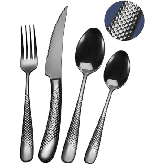 SHEUMNT 24 Pieces Modern Black Hammered Cutlery Set with Ultra Sharp 2-in-1 Serrated Knive, 18/10 Stainless Steel Silverware Set, Titanium Plated Flatware Set for 6 People, Knives Forks Spoons Set