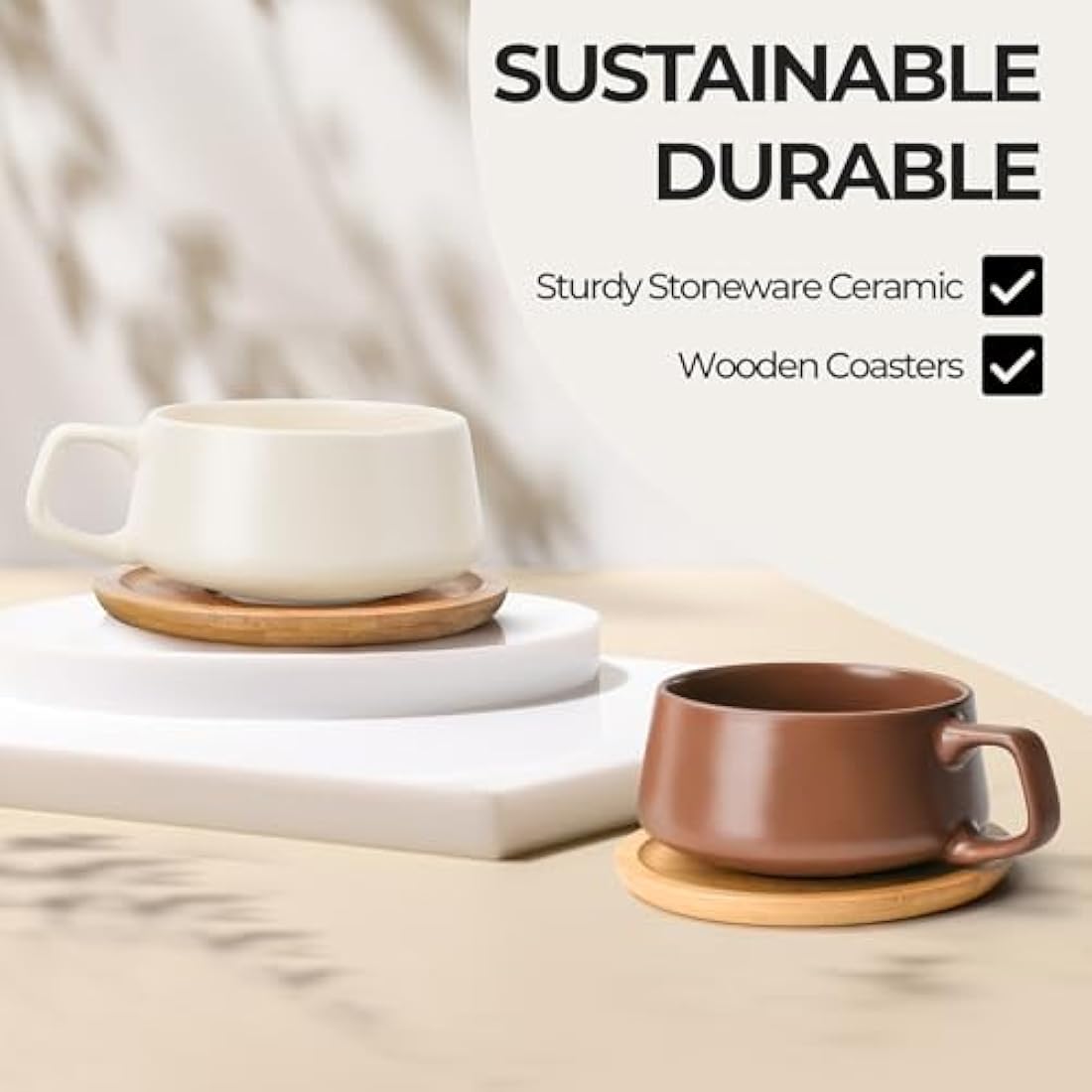 MIAMIO – 320 ml, Set of 4 Ceramic Tea Cup and Saucer Bamboo/Tea Mug - Wide Cappuccino Cup, Coffee Cups Ceramic Mug for Cappuccino, Latte, Espresso & Americano - Luxe Collection (Beige Pastel)