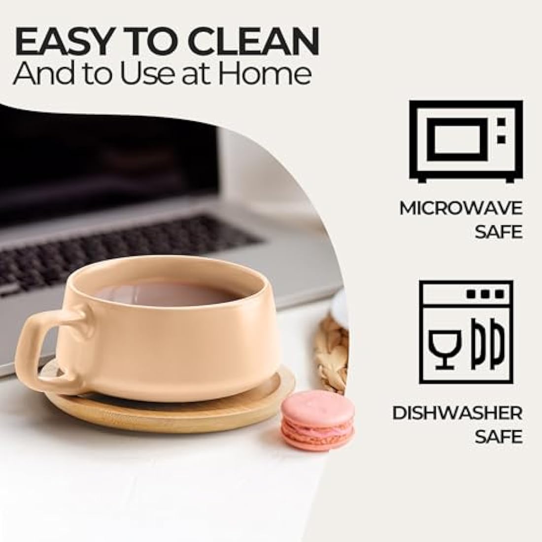 MIAMIO – 320 ml, Set of 4 Ceramic Tea Cup and Saucer Bamboo/Tea Mug - Wide Cappuccino Cup, Coffee Cups Ceramic Mug for Cappuccino, Latte, Espresso & Americano - Luxe Collection (Beige Pastel)