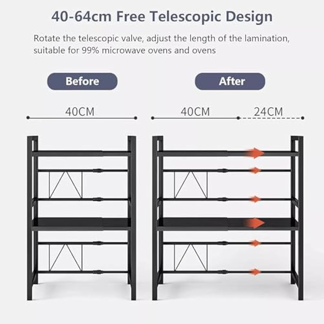Multibao Expandable Microwave Shelf, 3 Tier Microwave oven Rack Stand Storage Holder Kitchen Corner Shelf Desktop Printer Shelf Rack, Bakers Rack (Black)