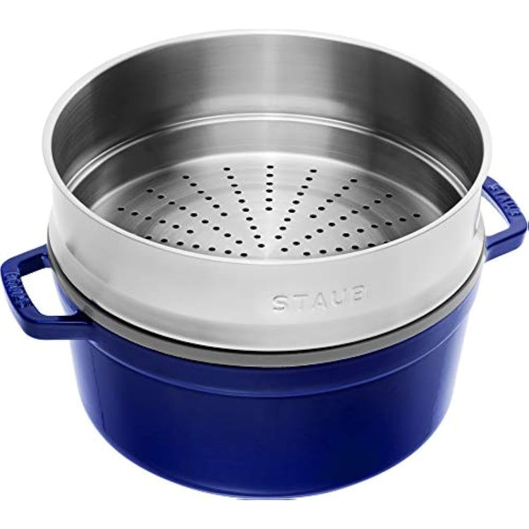 STAUB Cast Iron Roaster/Cocotte with Steamer Insert, Round, 26 cm, 5.2 L, With matte black interior enamel, Dark Blue