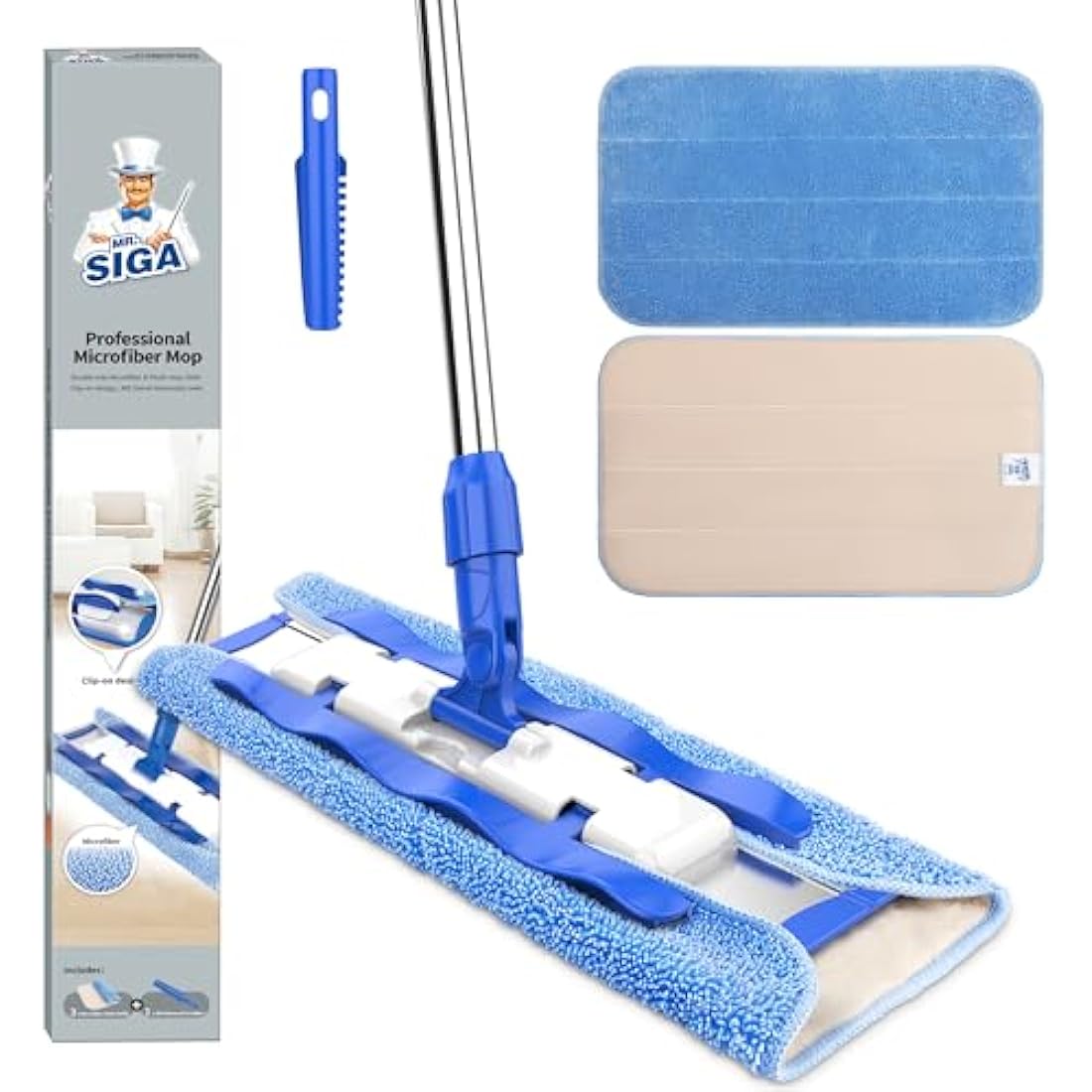 MR.SIGA Professional Microfibre Mop for Hardwood, Laminate, Tile Floor Cleaning, Stainless Steel Telescopic Handle - 3 Reusable Microfibre Cloths and 1 Dirt Removal Scrubber included