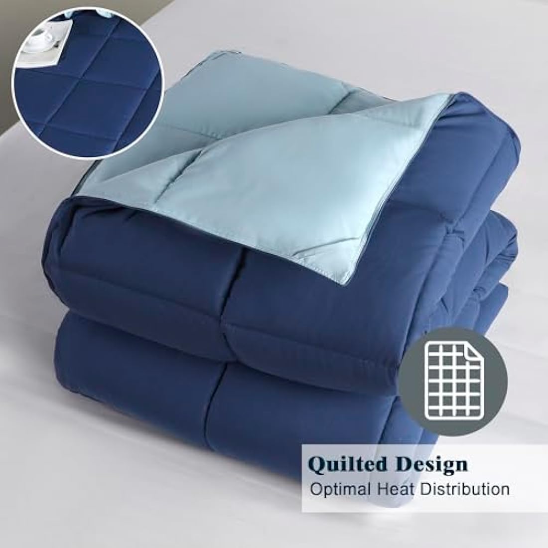 HIG 3 Pieces Navy Blue Coverless Duvet King - 240 x 220cm - Cassette Box Construction - Corner Duvet Tabs - Solid Reversible 10.5 Tog Comforter Set - 100% Down Alternative & Breathable Bedding