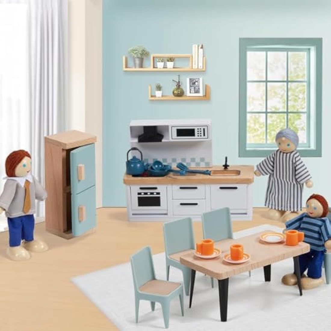 Giant bean Wooden Dollhouse Furniture Set, 36pcs Furnitures with 4 Family Dolls, Dollhouse Accessories Pretend Play Furniture Toys for Boys Girls & Toddlers 3Y+