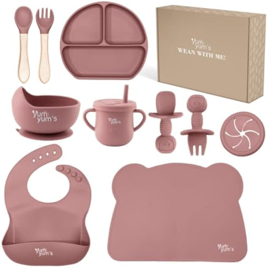 Yum Yum's Baby 10 Pcs Pink Weaning Set - Complete Toddler Feeding Kit w/Sectioned Plate, Suction Bowls, Cutlery with Mouth Guard, Straw Cup, Bib & Mat - Non-Slip - for Toddlers & Baby Gift