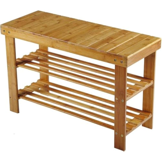 Hossejoy Bamboo Shoe Bench, 3 Tier Shoe Rack Storage Organiser, Shoe Racks Storage Shelf Organizer, Ideal for Entryway, Living Room, Hallway (70 x 28 x 45cm)