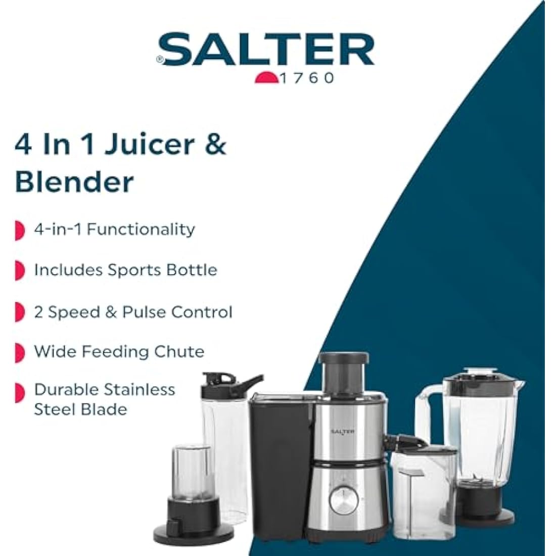 Salter 4 In 1 Juicer & Blender – Fruit Juicer & Smoothie Maker, 1L Jug Blender, Includes 600ml Sports Bottle & Fridge Storage Container, Coffee & Spice Grinder, 2 Speed Settings & Pulse, 400W, EK4294