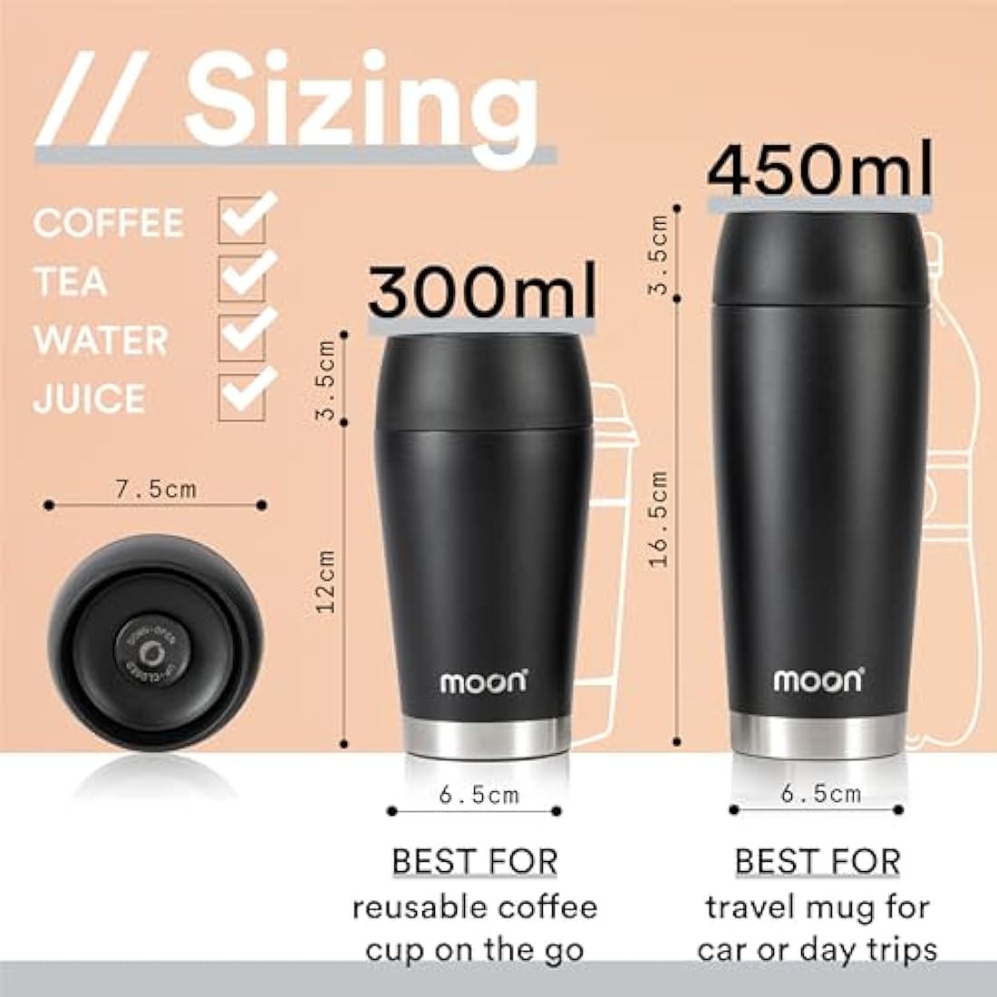 Moon 360° Travel Mug - Leakproof Insulated Coffee Mugs for Hot & Cold Drinks - Thermal Reusable Travel Cups, Fits Car Cup Holders (450ml, Black)