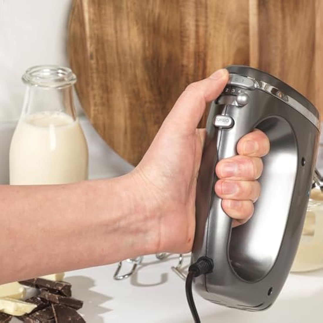 Salter EK4249GUNMETAL Cosmos Hand Mixer – Electric Baking Whisk, 5 Speed With Turbo Setting, Eject Function, Easy Cleaning, Includes 2 x Stainless Steel Mixing Beater and Dough Hooks, Grey, 300W