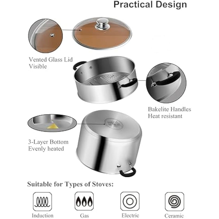 VENTION Stainless Steel Steamer Cooking 18cm for Induction Hob, Vegetable Steamer Pan, Couscous Pot 2 L