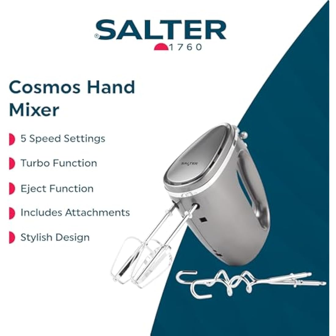 Salter EK4249GUNMETAL Cosmos Hand Mixer – Electric Baking Whisk, 5 Speed With Turbo Setting, Eject Function, Easy Cleaning, Includes 2 x Stainless Steel Mixing Beater and Dough Hooks, Grey, 300W